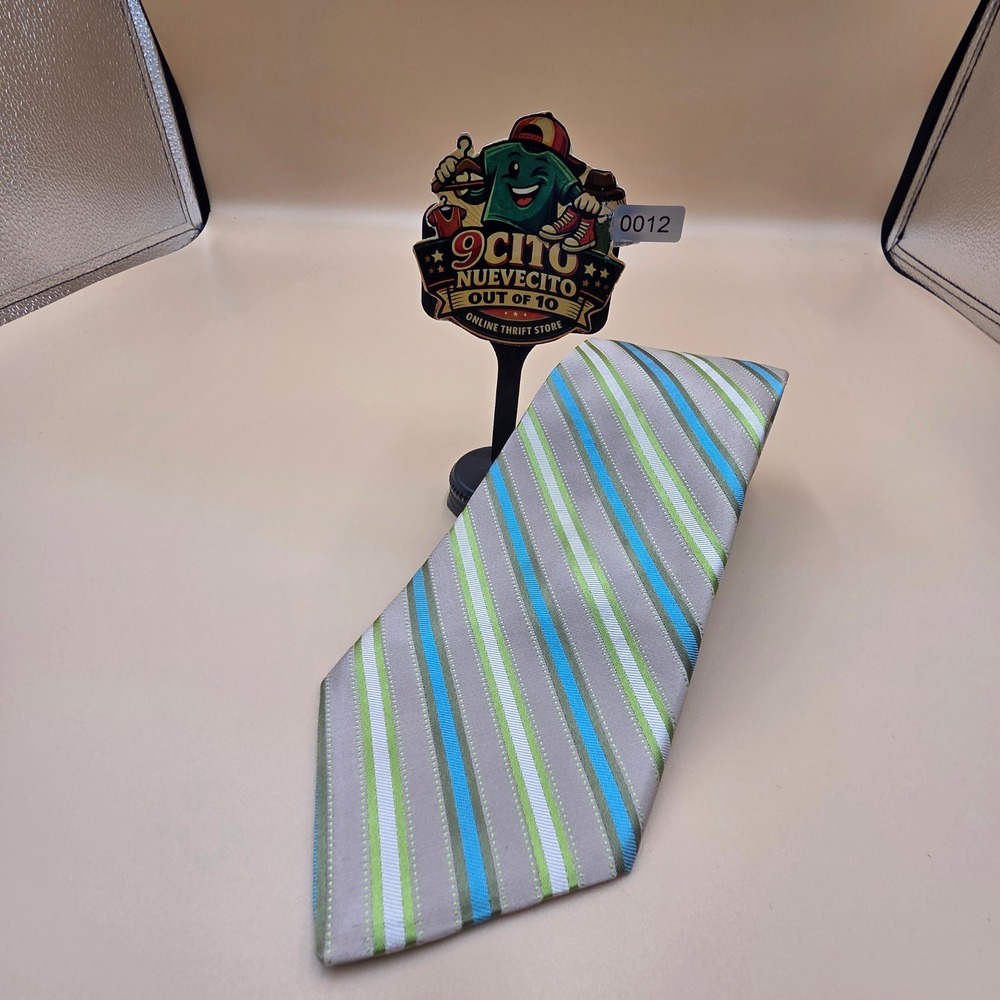 Kuhlman Mens Silk Tie Handmade in Italy Tan Blue Green‎ White Striped Necktie